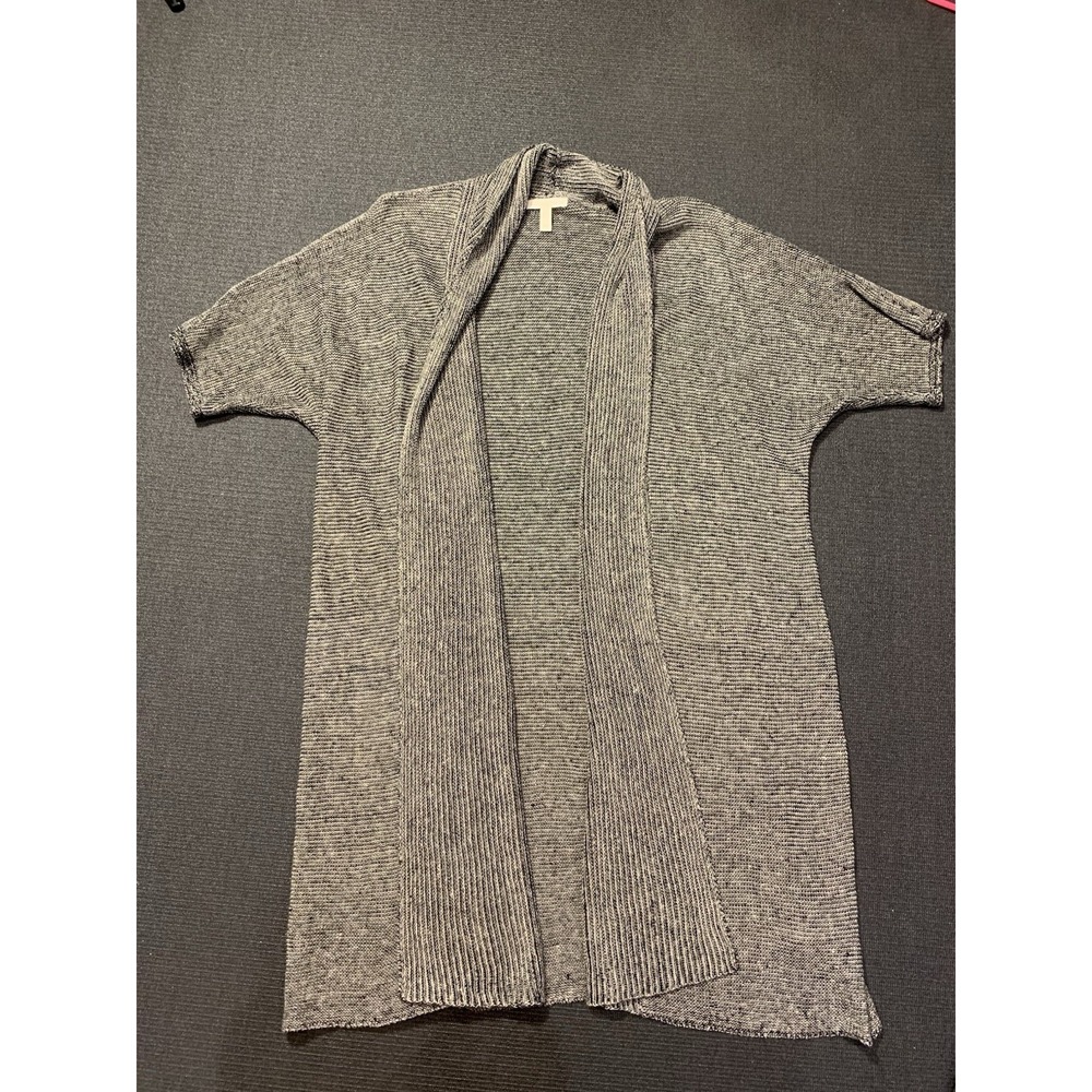 Eileen Fisher Gray Organic Linen Open Front Short Sleeve Cardigan Sweater M